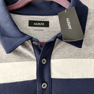 MEN'S  ALFANI   SHIRT WITH COLLAR GRAY WITH WHITE/ BLUE STRIPED  SIZE L